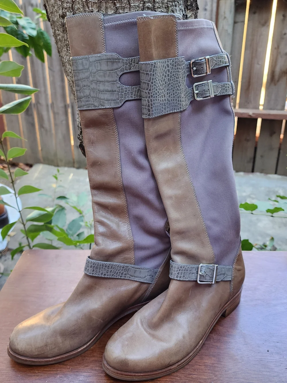 Cole Haan Air Tennley Leather Buckle Riding Boots Two Tone Croc Accent 7.5