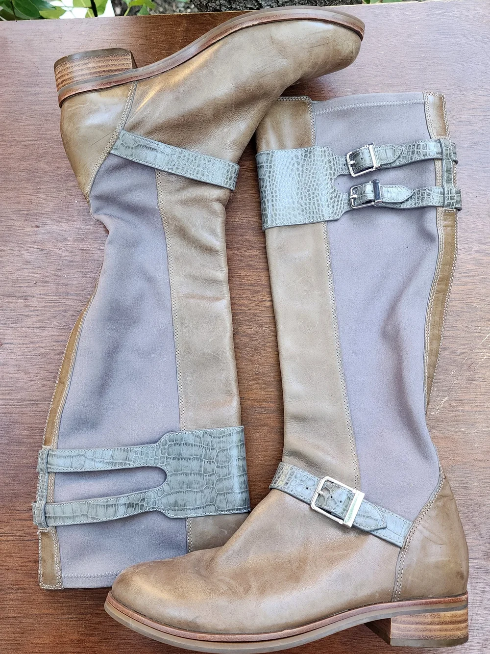 Cole Haan Air Tennley Leather Buckle Riding Boots Two Tone Croc Accent 7.5