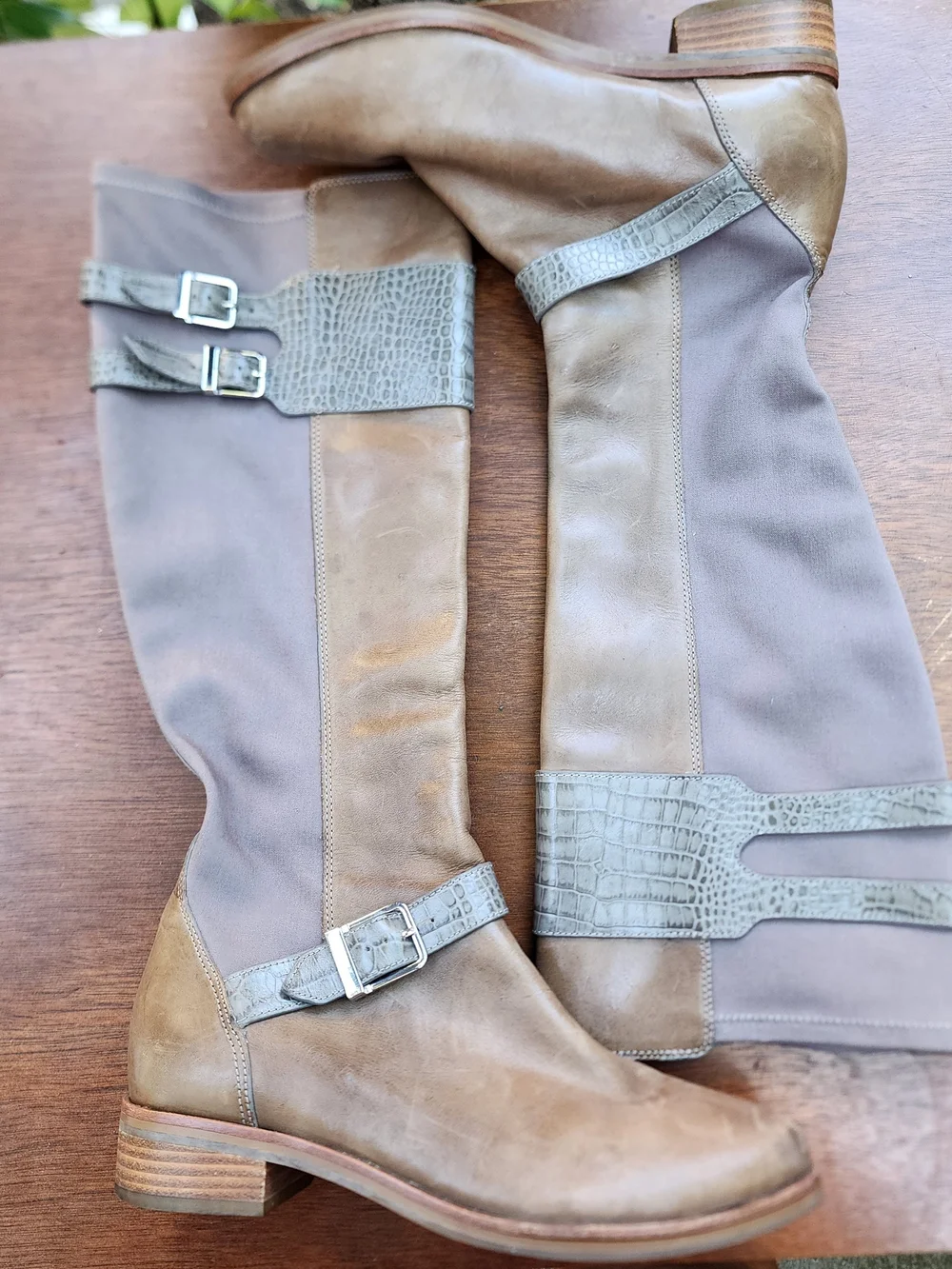 Cole Haan Air Tennley Leather Buckle Riding Boots Two Tone Croc Accent 7.5