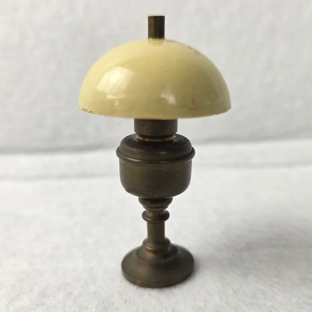 Vintage Miniature Brass Tone Desk Lamp Dome Shade Dollhouse Accessory 2.75
