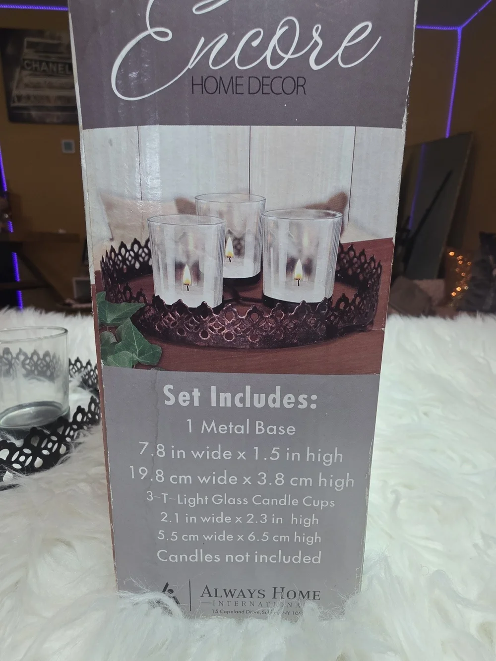 CHANEL Clear Glass Candle Holders with Brown Ornate Metal Tray