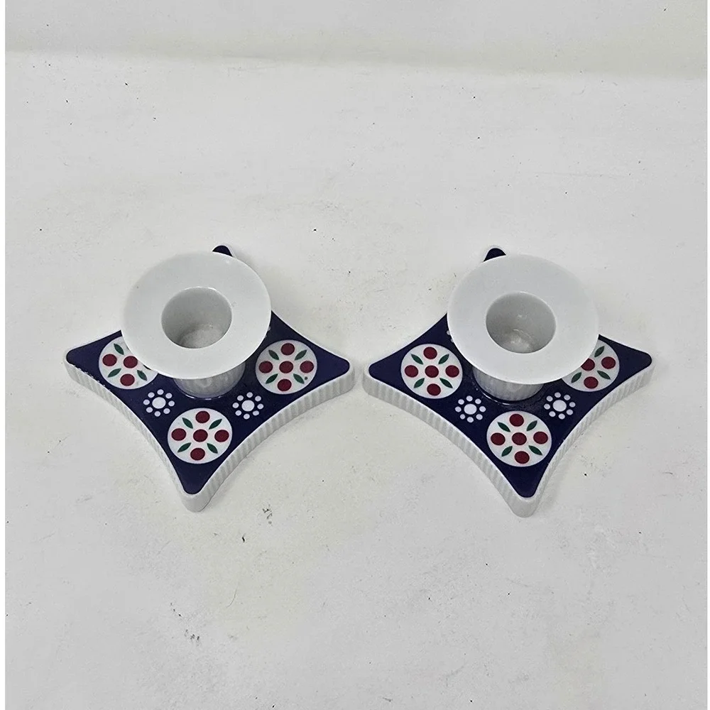 Vtg Schirnding Bavaria MCM German porcelain set of 2 candle holders blue‎ white
