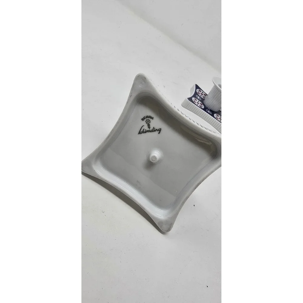 Vtg Schirnding Bavaria MCM German porcelain set of 2 candle holders blue‎ white