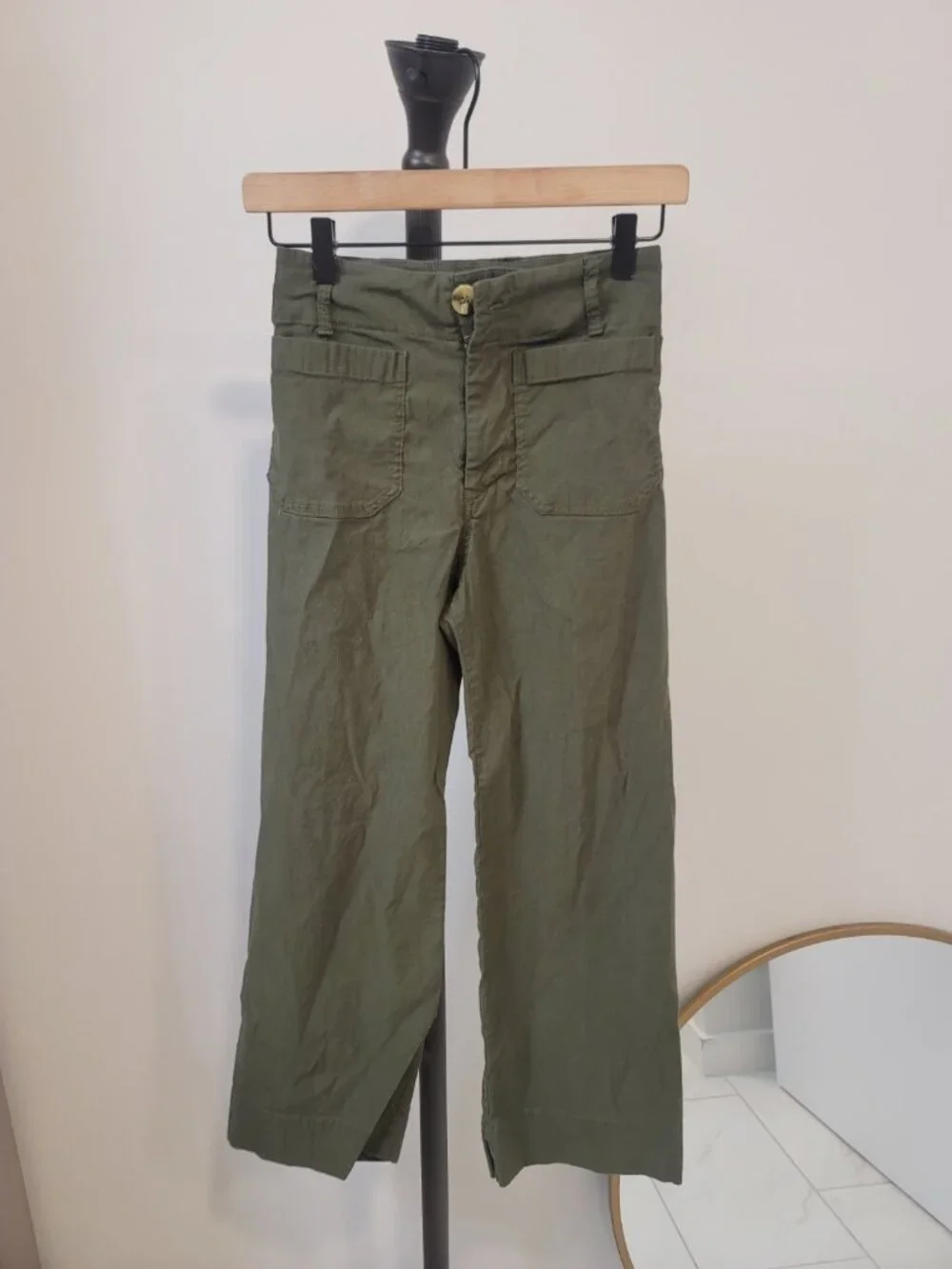 Anthropologie Maeve Colette Wide Leg Pants Olive Green Linen Size 24 High Rise