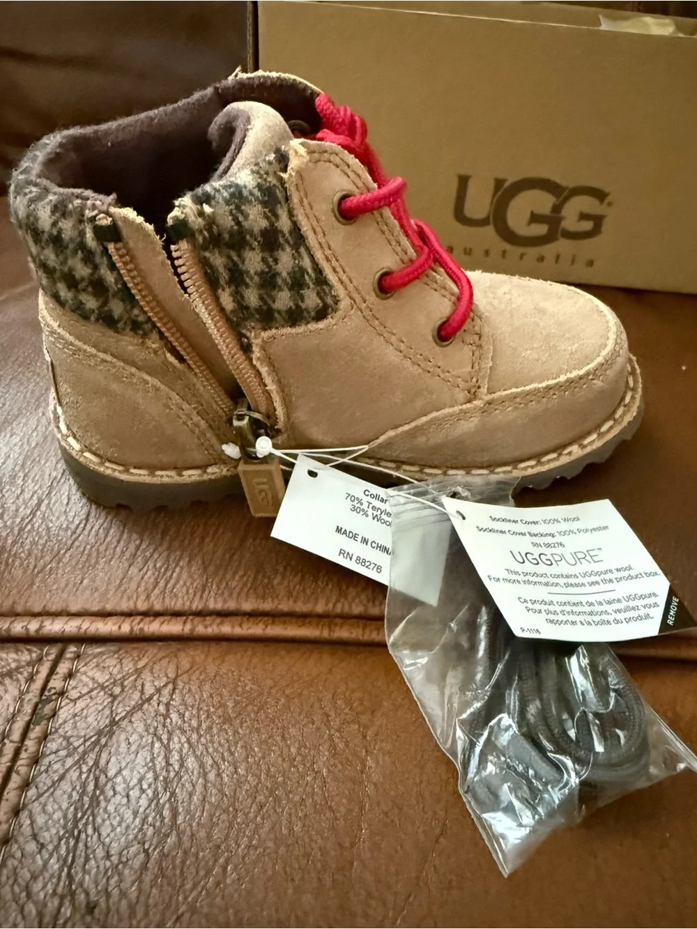 UGG Toddler/baby Tan Suede Boots with Red Laces NWT