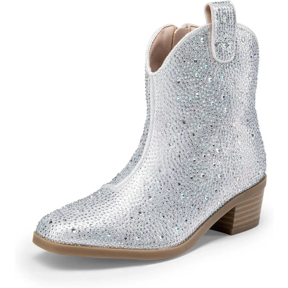 ⚡Girls Silver Cowgirl Rhinestone Zipper Boots Ankle Low Heel Dress Booties