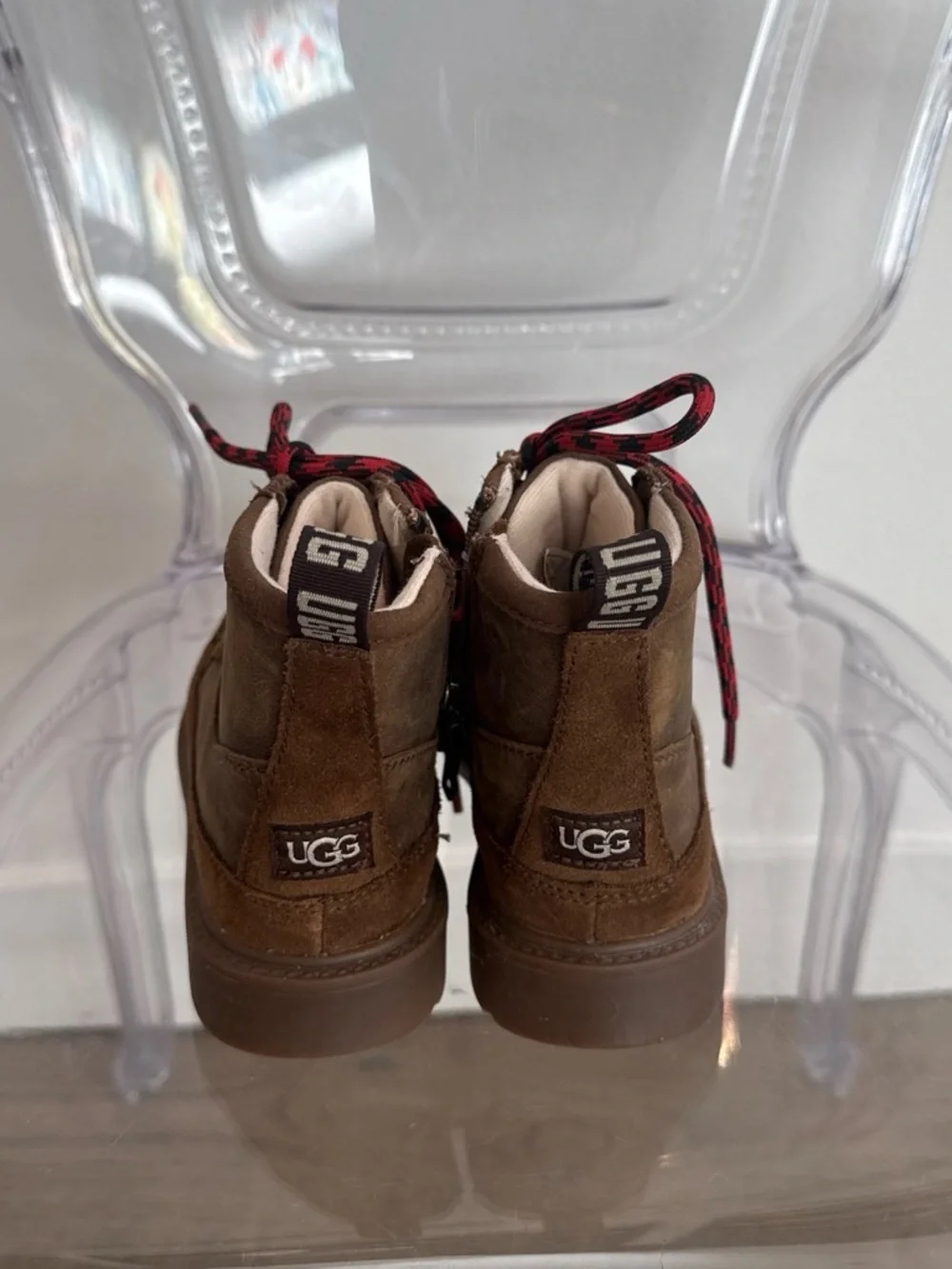 UGG Kids Brown Suede Ankle Boots with Red-Black Laces