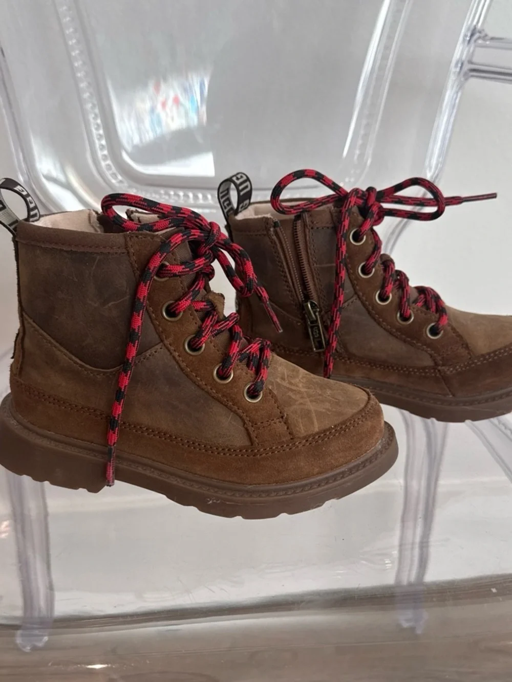 UGG Kids Brown Suede Ankle Boots with Red-Black Laces