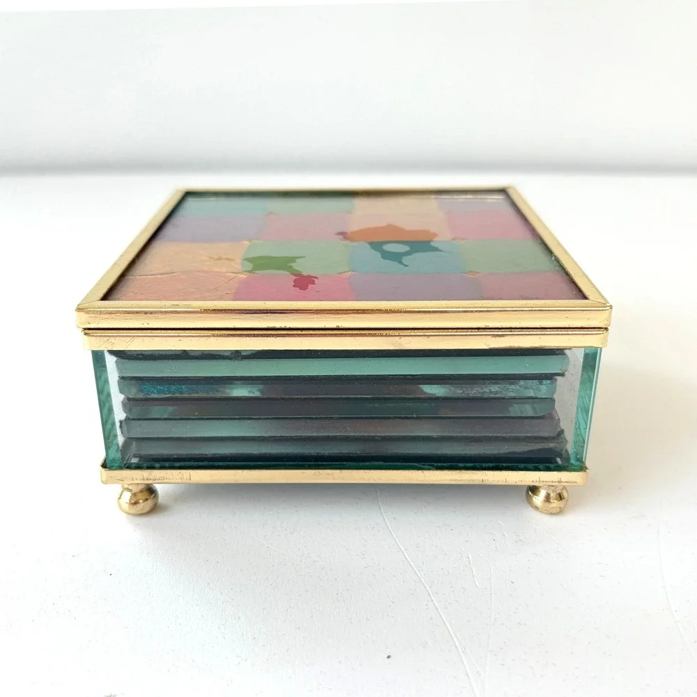Vintage Glass Coaster Set 6pc Multi Color Patchwork Brass Tone Footed Box MCM