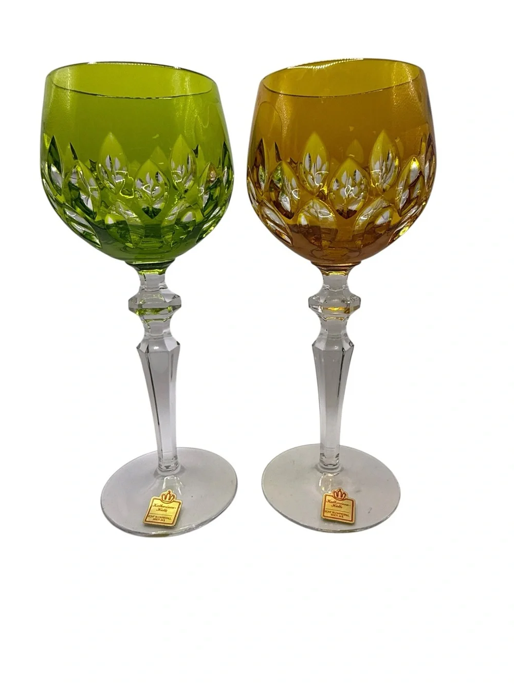 Katharinen Hutte Cut Crystal Colored Wine Glasses - Green & Amber Set of 2