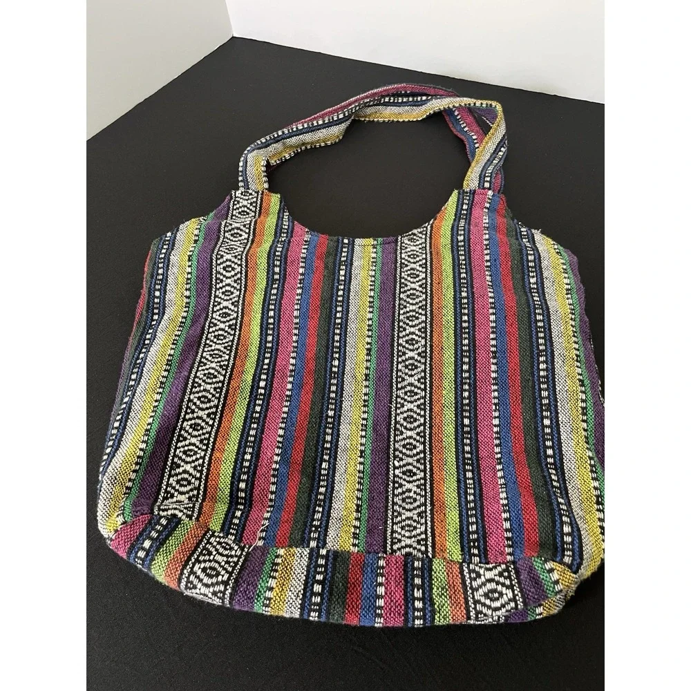 Boho Woven Cotton Hobo Bag Multicolor Stripe Hippie Tribal Shoulder Purse Tote