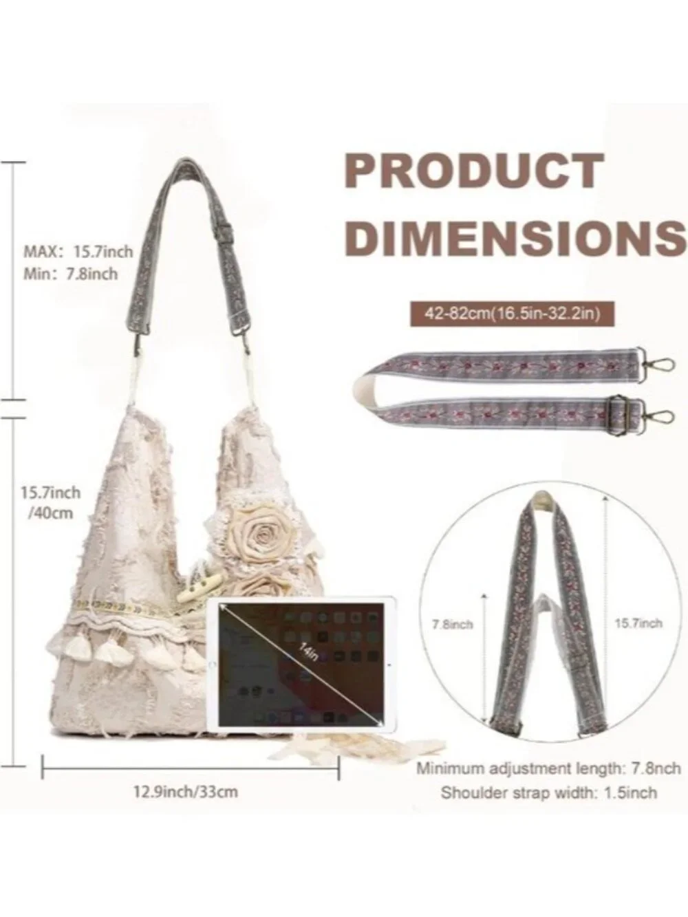 Boho Beige Fringe Hobo Bag Flower Accents Embroidered Guitar Strap Crossbody