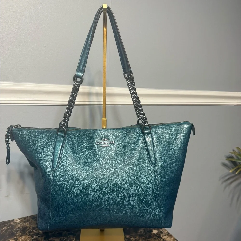 Coach Ava Chain Tote – Metallic Teal Pebble Leather