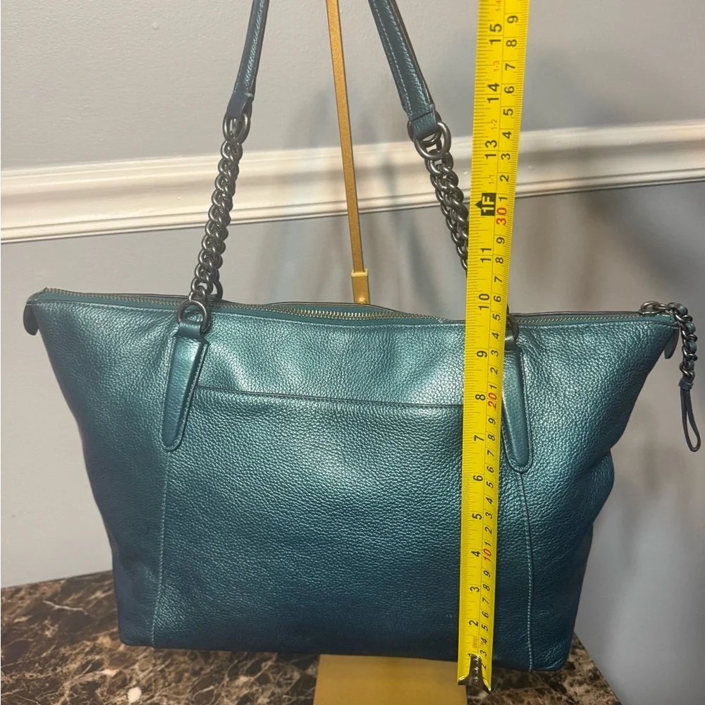 Coach Ava Chain Tote – Metallic Teal Pebble Leather