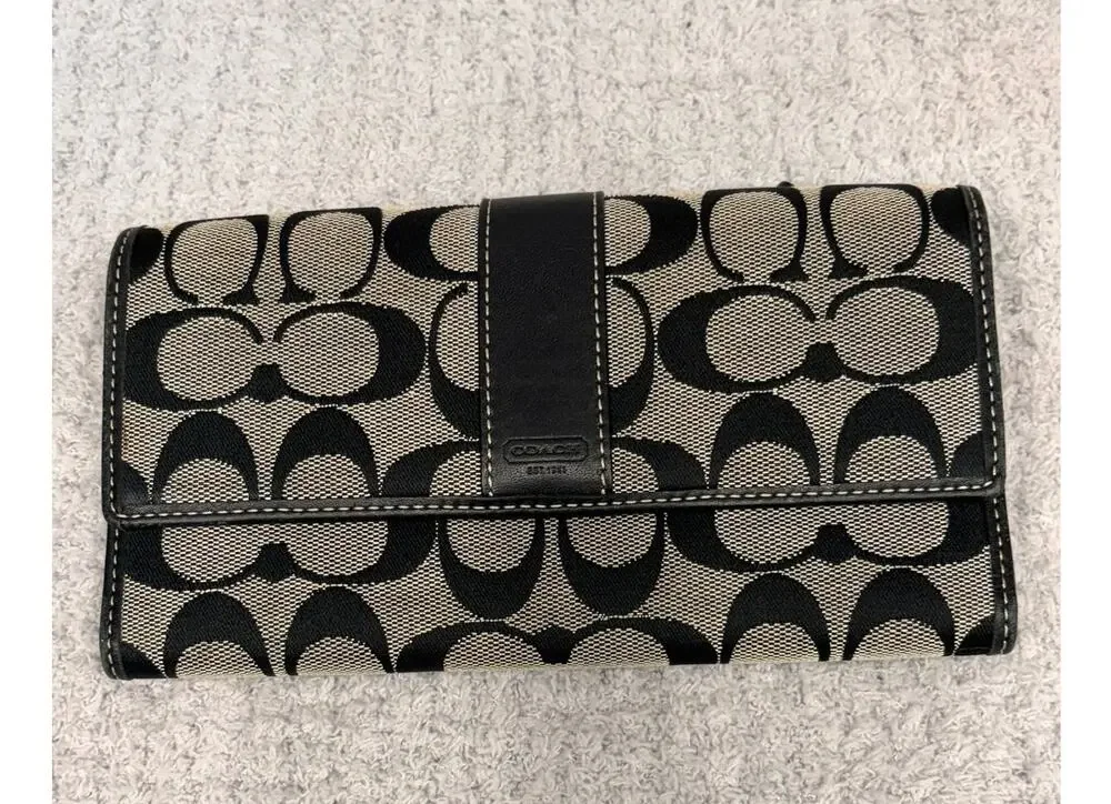 Coach Black Signature Print Jacquard Flap Long Wallet #80288