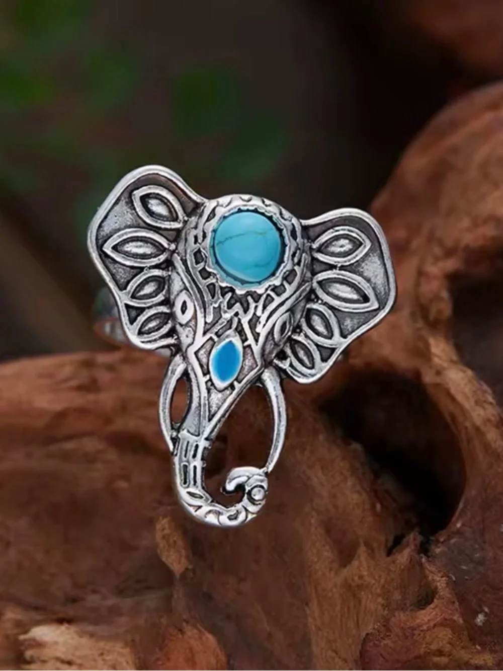Anthropologie Silver Tone Elephant Turquoise Accent Ring One Size NWOT