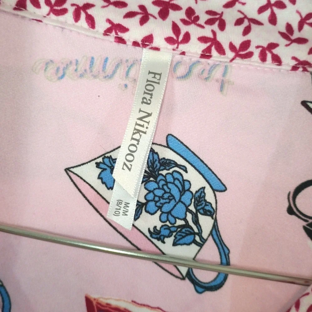 Flora Nikrooz Pink Tea Time Teacup Print Pajama Top Long‎ Sleeve Button Down M