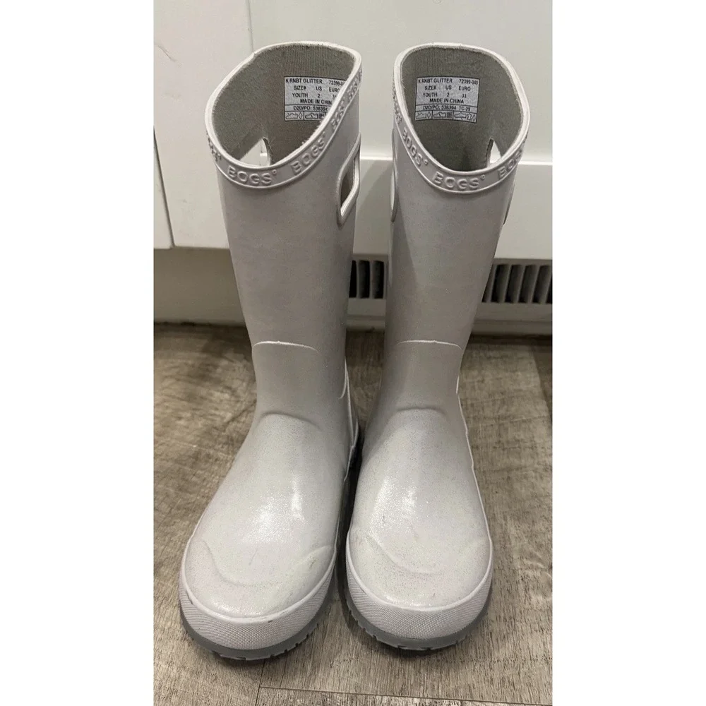 Bogs Kids Size Youth 2 Skipper Silver Glitter Rain Boots