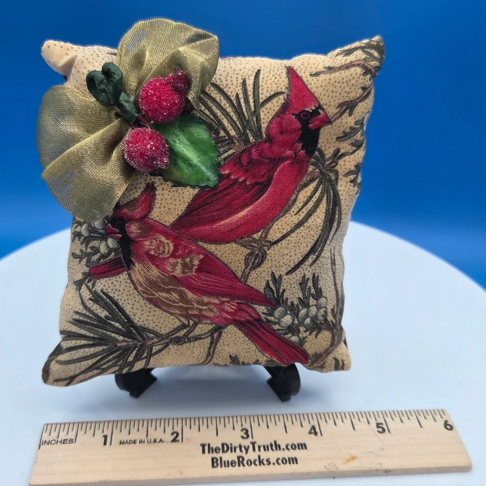 Cardinal Bird Decorative Pillow Scented Gold Bow Red Berries Christmas Decor 5in