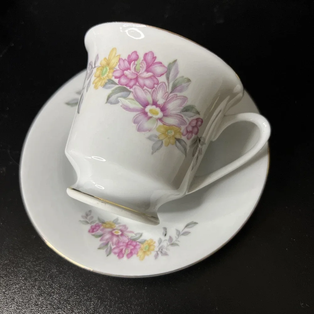 STR China Vintage Pink‎ Purple Yellow Floral Tea Cup and Saucer Gold Accents