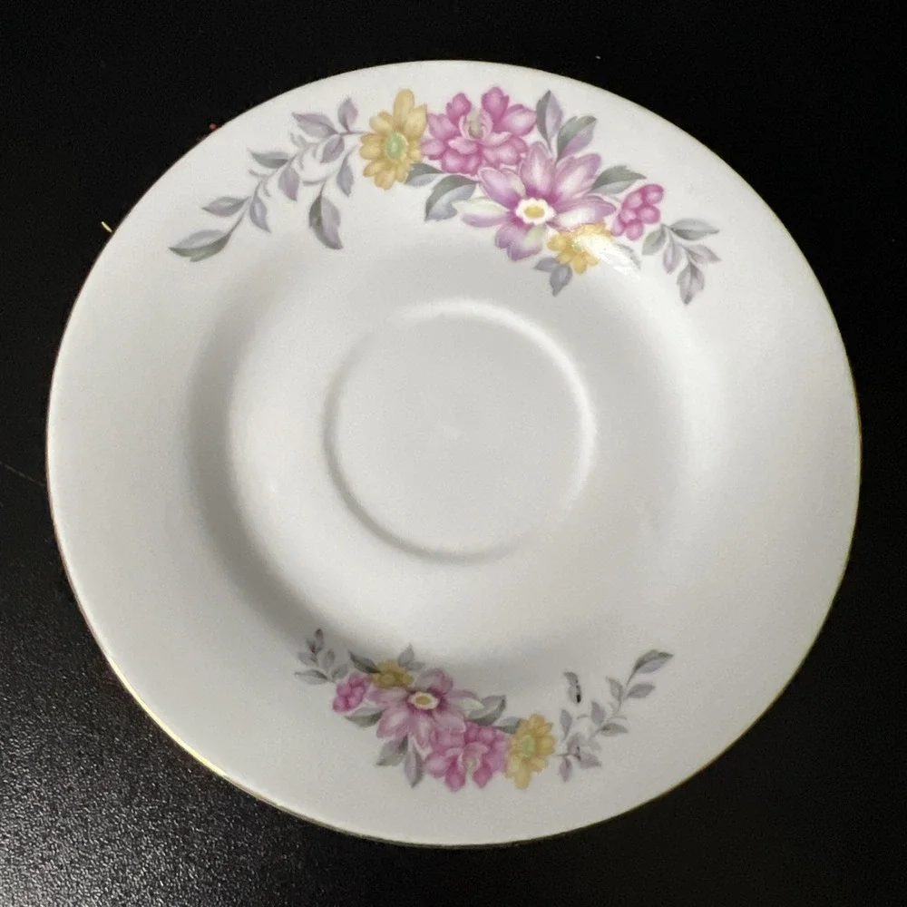 STR China Vintage Pink‎ Purple Yellow Floral Tea Cup and Saucer Gold Accents