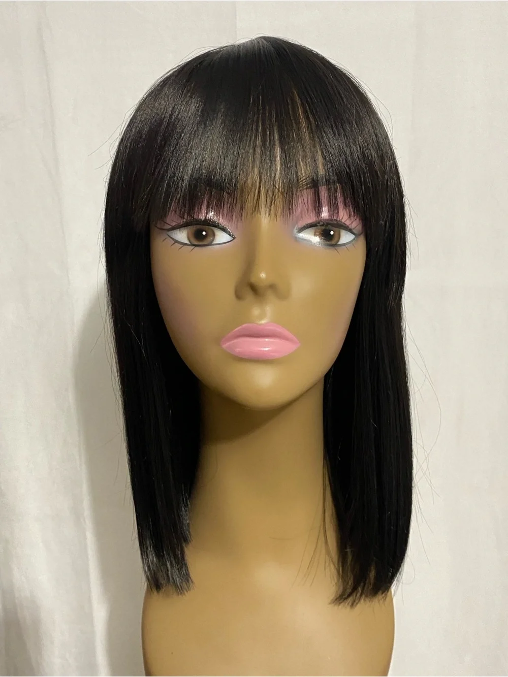 12 Inch Short Straight Yaki Bob Wig With Bangs Synthetic Non-Lace Black New
