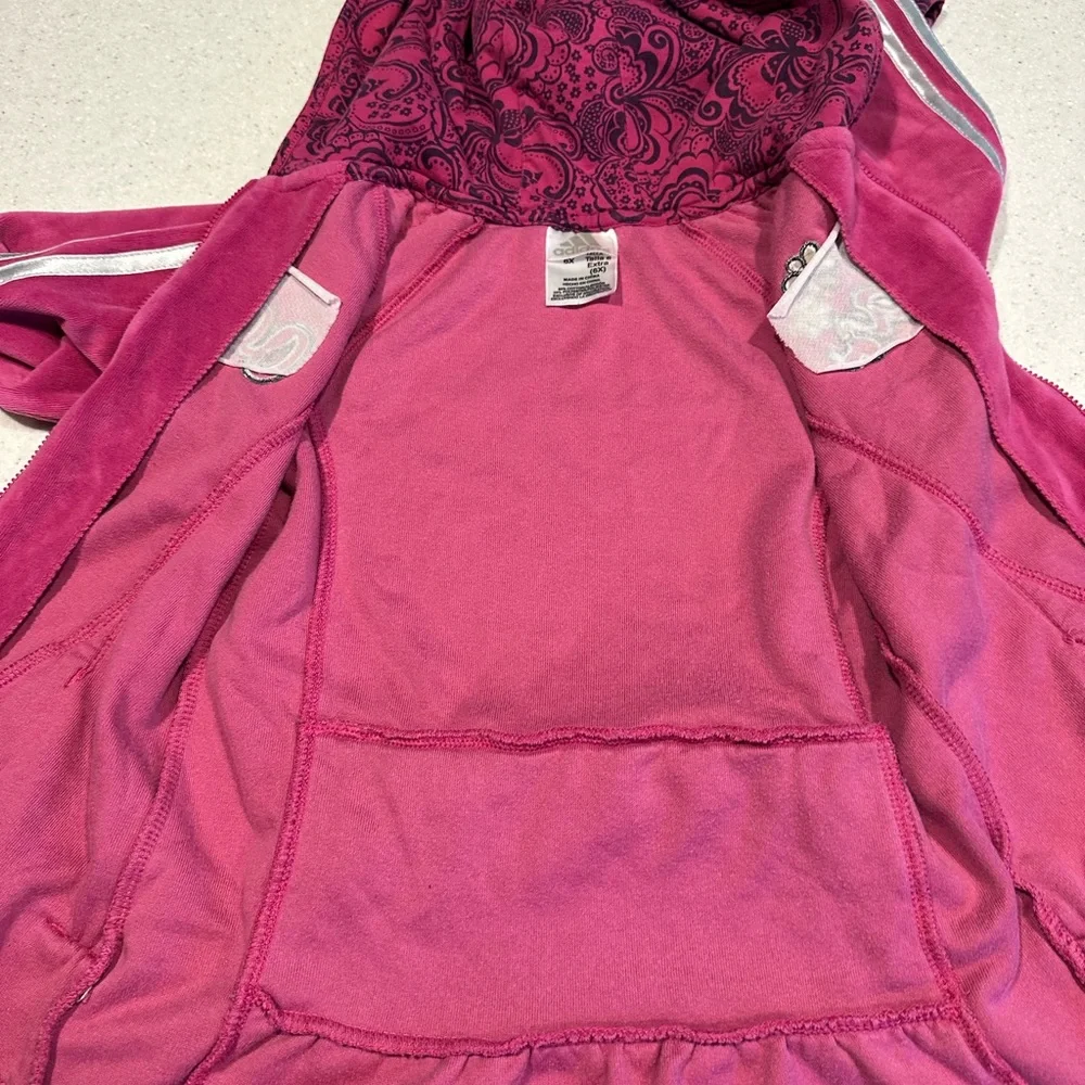 Adidas Retro Girl’s Size 6X Velour Pink Zip-Up Hoodie Jacket. Girly Girl Track!