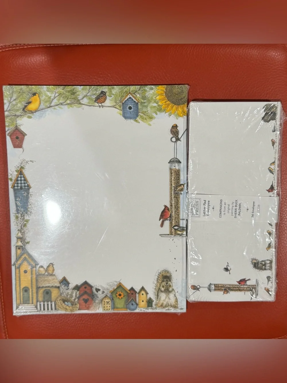 Birdhouse & Sunflower Stationery Set - White with Yellow, Green, Red Accents