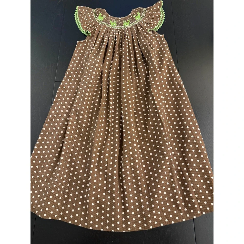 Amanda Remembered Whale Smocked Girls Dress Brown Polka-Dot Short Sleeve