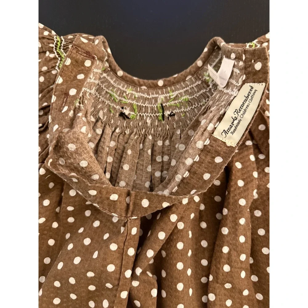 Amanda Remembered Whale Smocked Girls Dress Brown Polka-Dot Short Sleeve