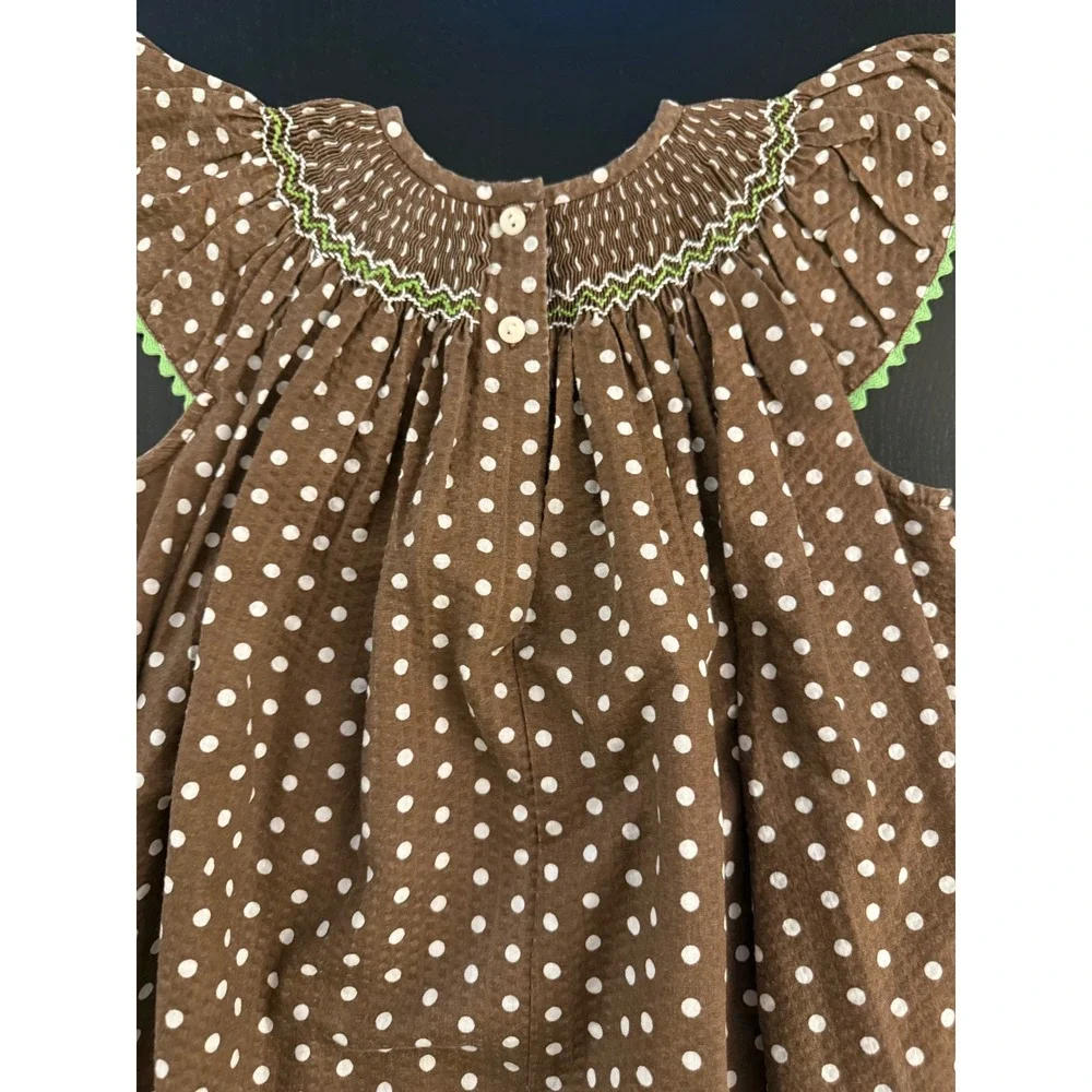 Amanda Remembered Whale Smocked Girls Dress Brown Polka-Dot Short Sleeve