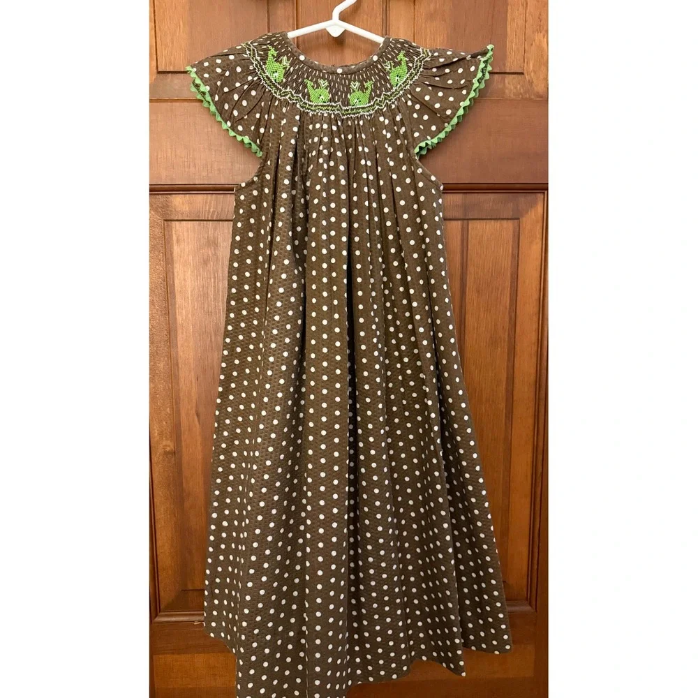 Amanda Remembered Whale Smocked Girls Dress Brown Polka-Dot Short Sleeve