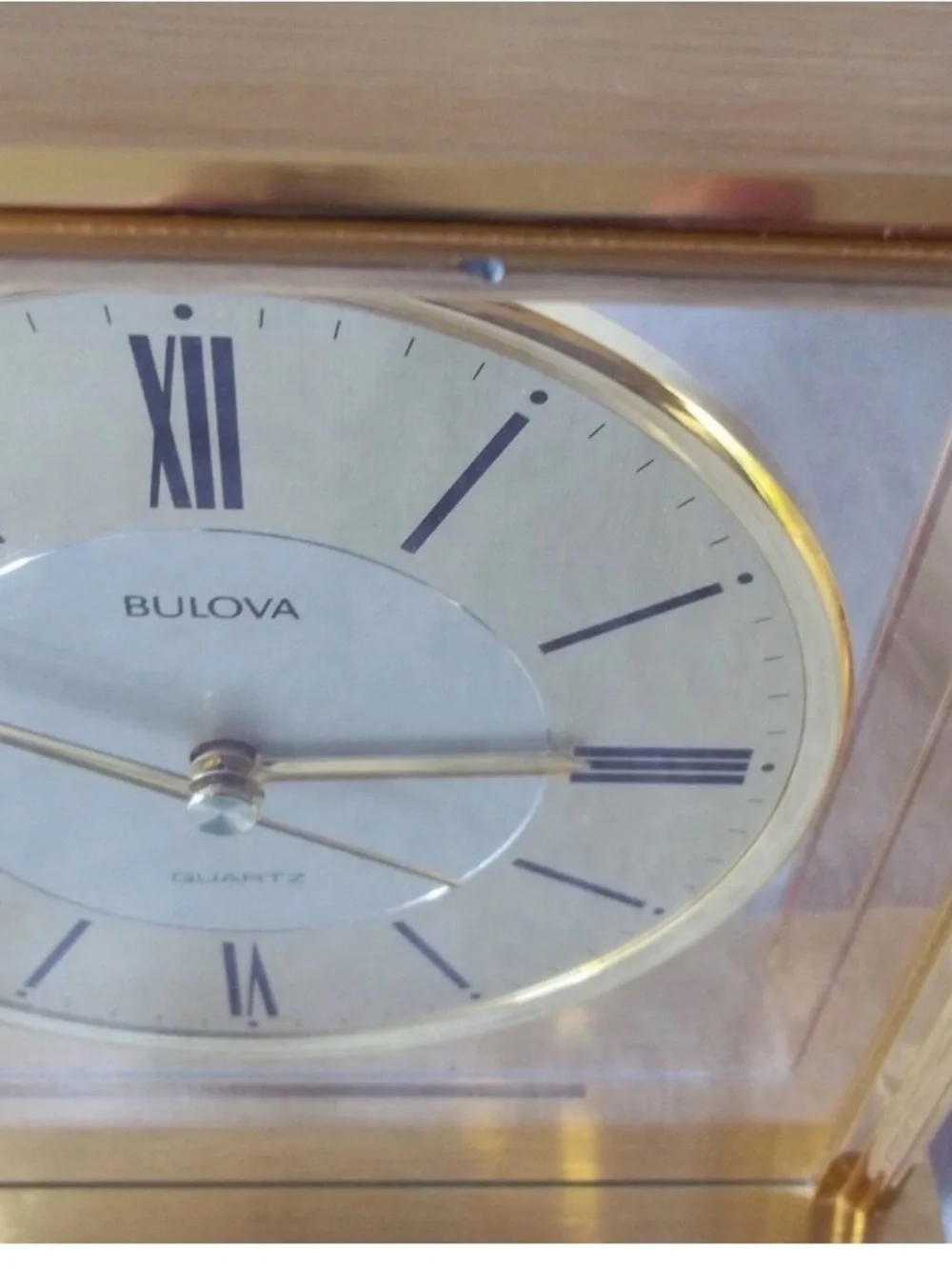 Bulova Gold Tone Glass Mantel Clock with Roman Numerals