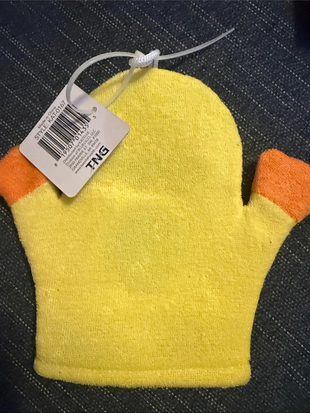 Yellow Duck Bath Glove with Orange Accents