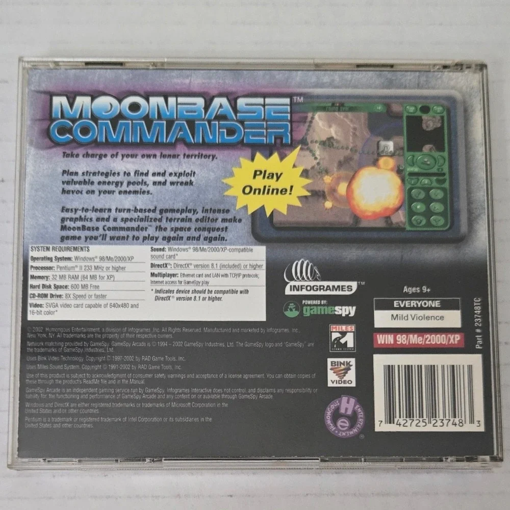 Vintage 2002 Moonbase Commander PC CD ROM Game Win 98 XP CIB USA Made Infogrames