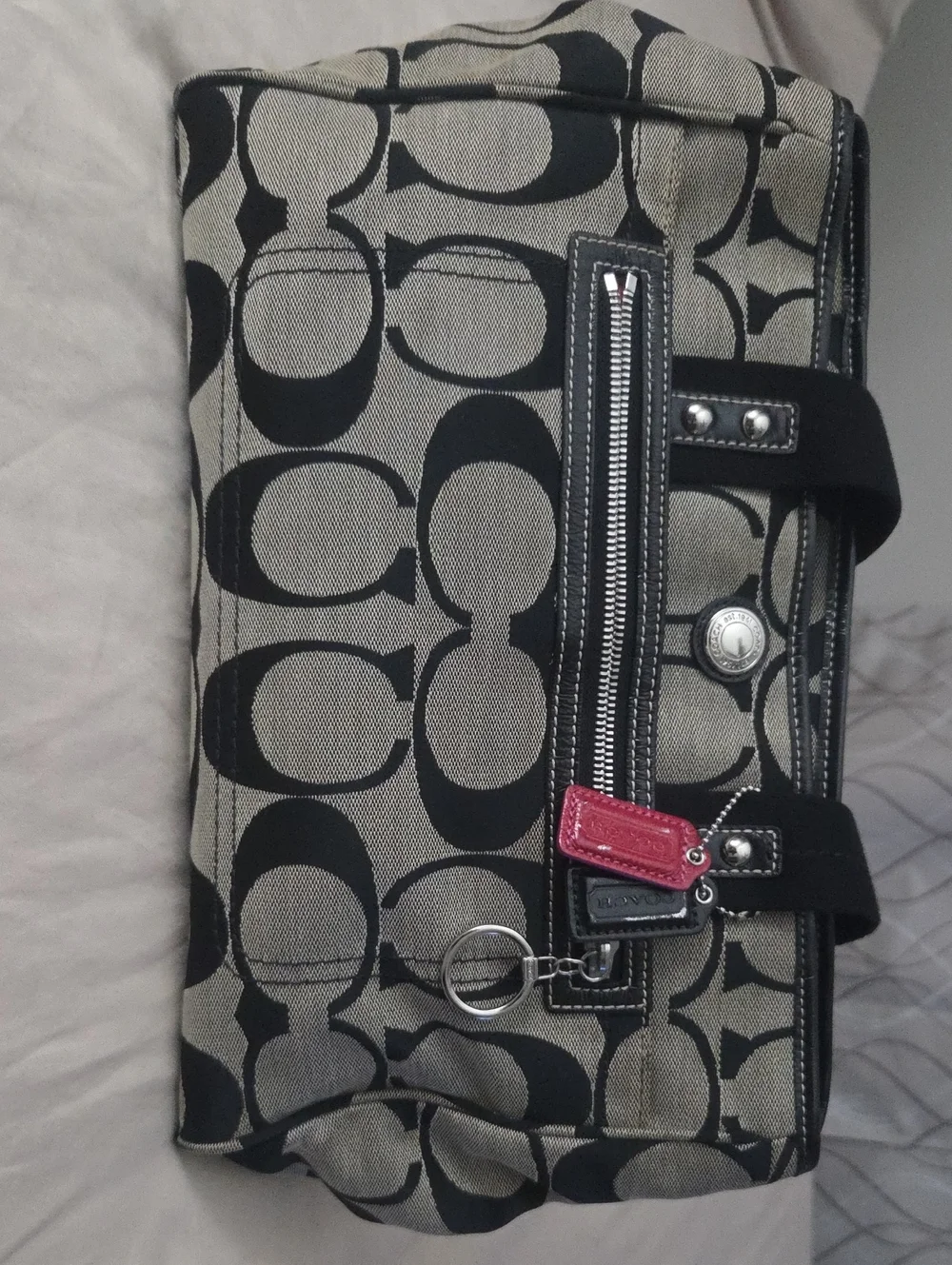 Coach Black and Khaki Signature Canvas Tote with Pink Charm