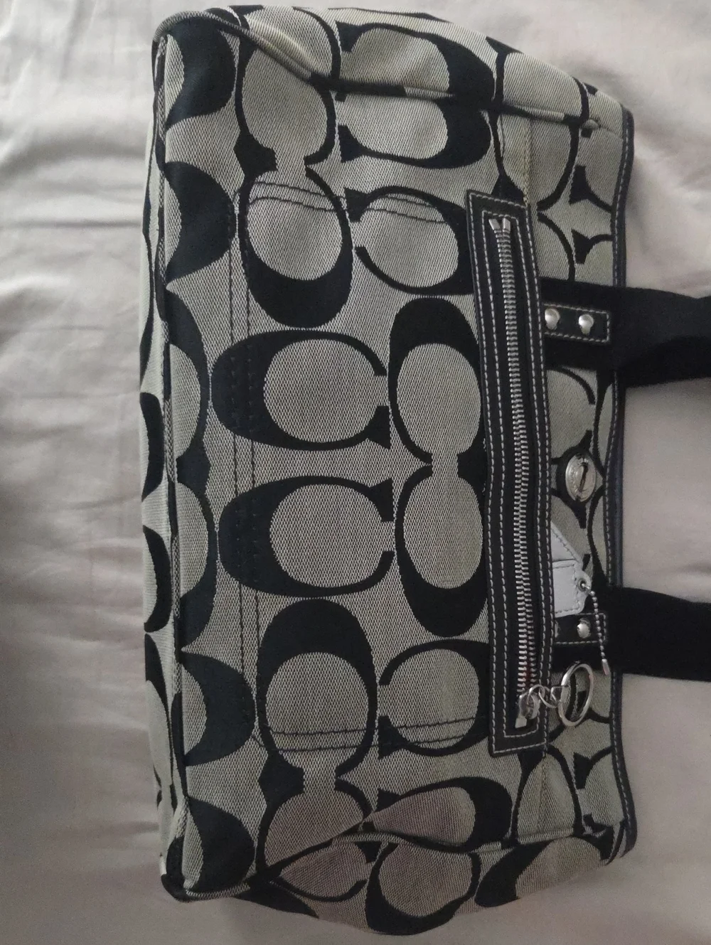 Coach Black and Khaki Signature Canvas Tote with Pink Charm