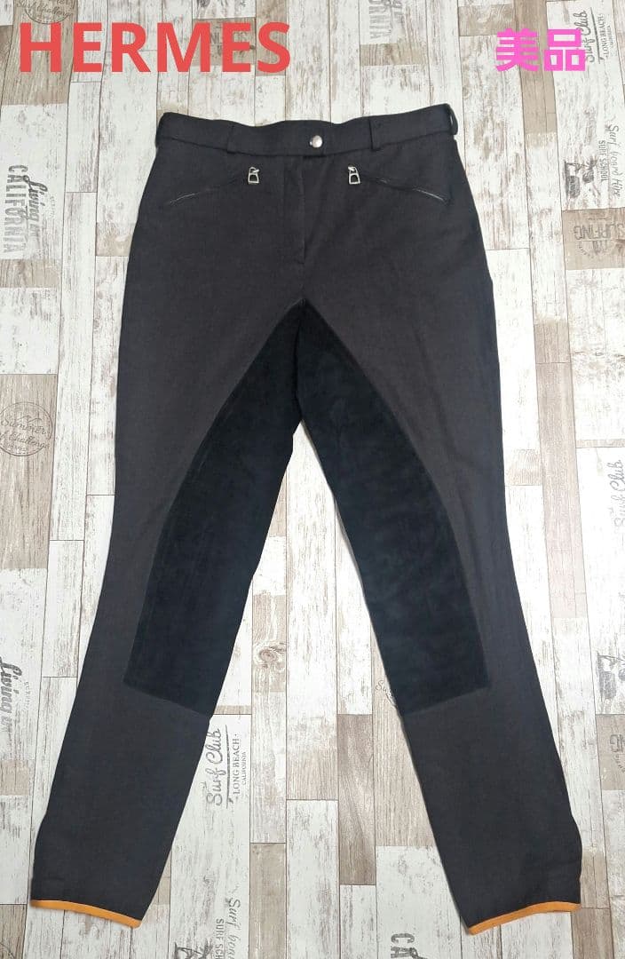 【Excellent Condition】HERMES Riding Pants M Black Suede Panel Stretch