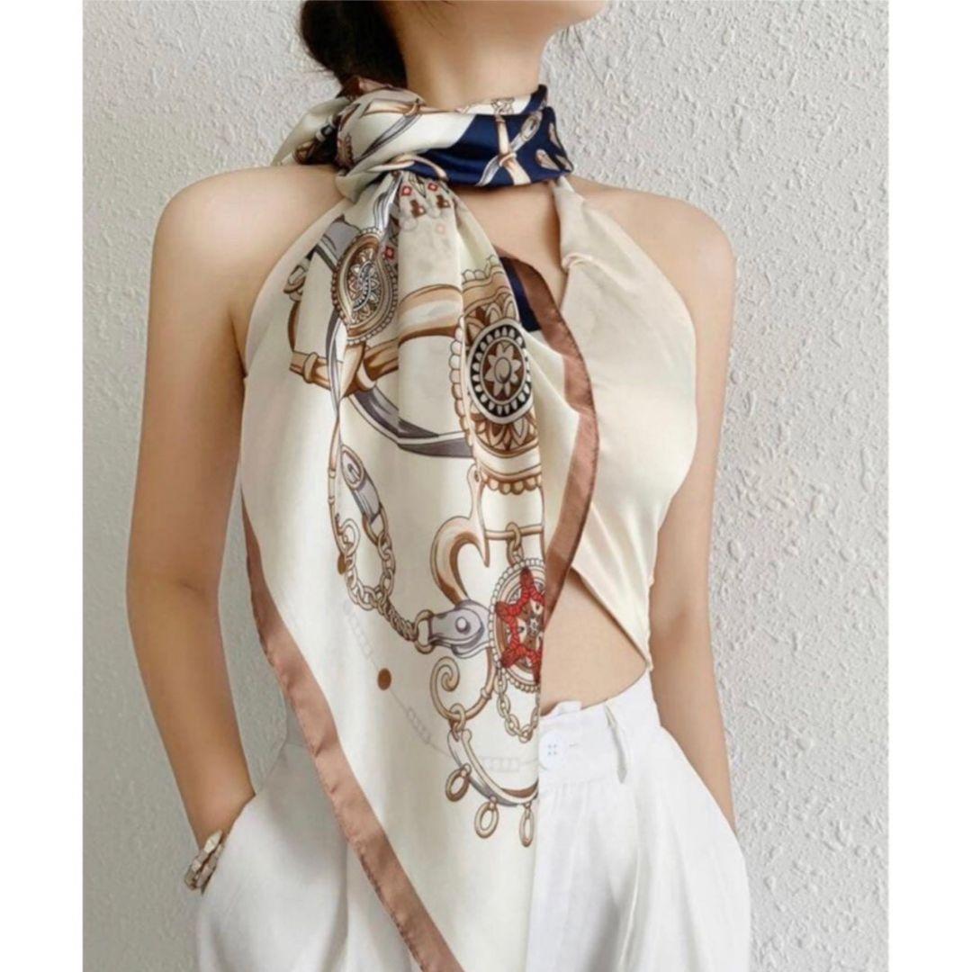 Large Scarf, Square, 90cm, Navy, Ivory, Silk-like, Elegant, Gorgeous, 6