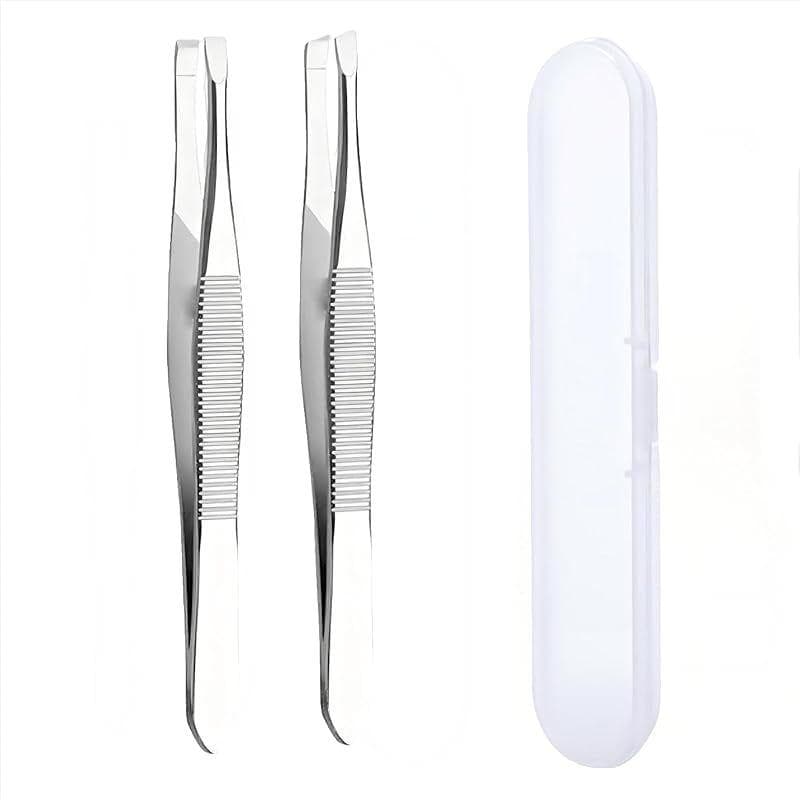 Precision Tweezers 2-Piece Set ✨ Slanted & Flat Tip Tweezers with Storage, Unisex, High Precision